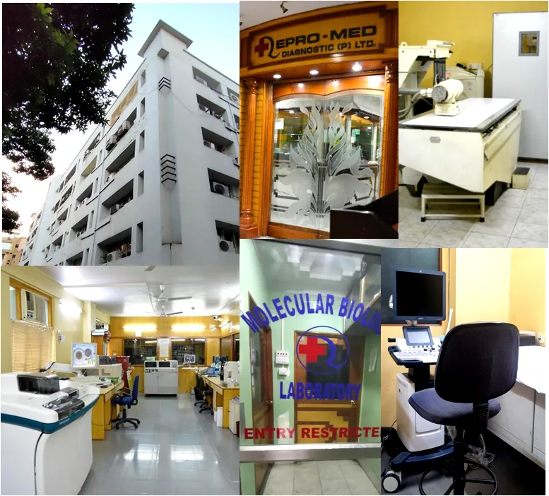 Repromed Diagnostic at Darga Road, Kolkata: the building, reception, X-ray room and molecular biology laboratory